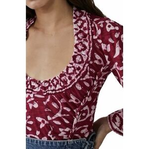 Free People On The Block Bell Sleeve Top Pink Floral Boho Cotton Size S Braiding